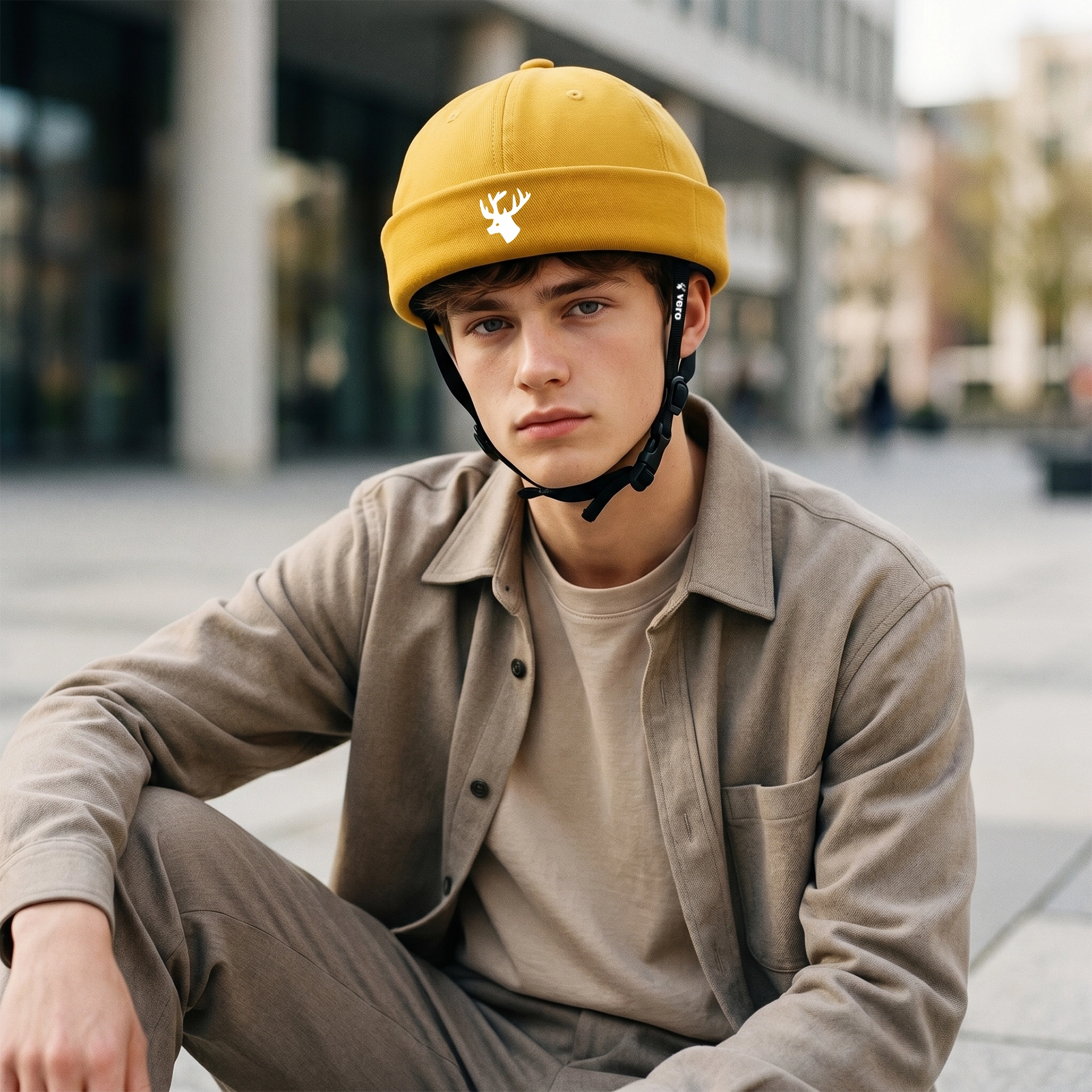 Geel 2 Man met bril draagt oranje fietshelm met pet en hertenlogo langs grachten in stad