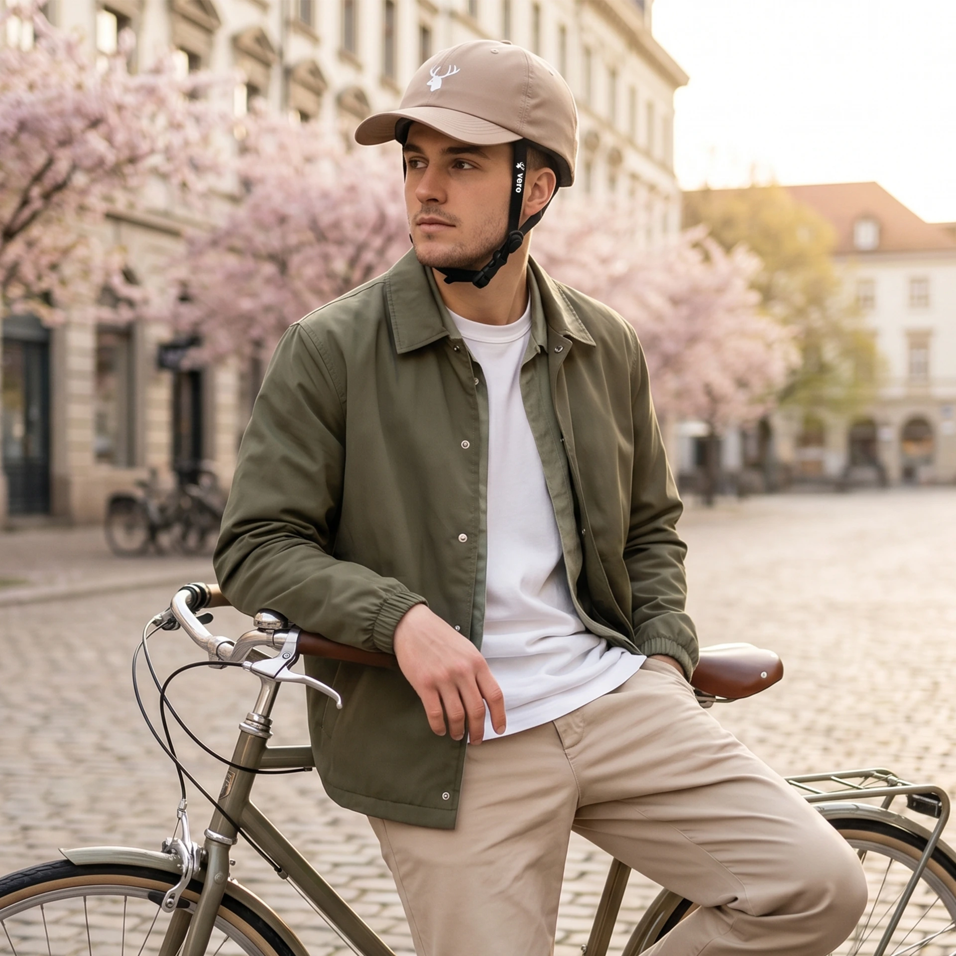 Man op fiets draagt beige fietshelm met pet en hertenlogo in stad met bloesembomen