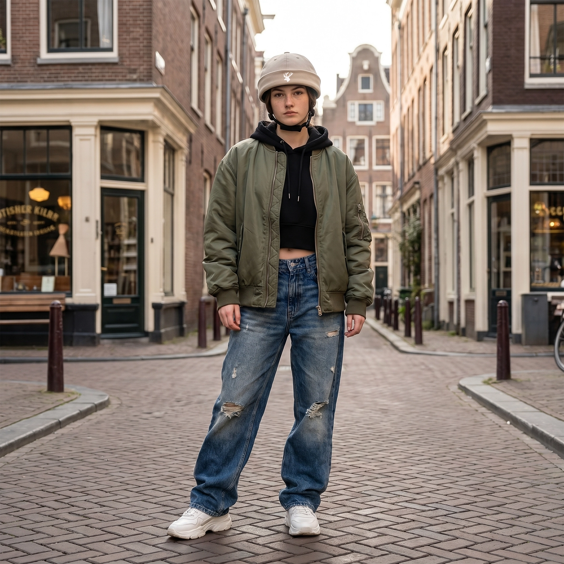 Vero-Beanie-Beige-Vrouw-Streetstyle Vrouw in een moderne stadsstraat met een stijlvolle beige beanie helm cover van Vero.