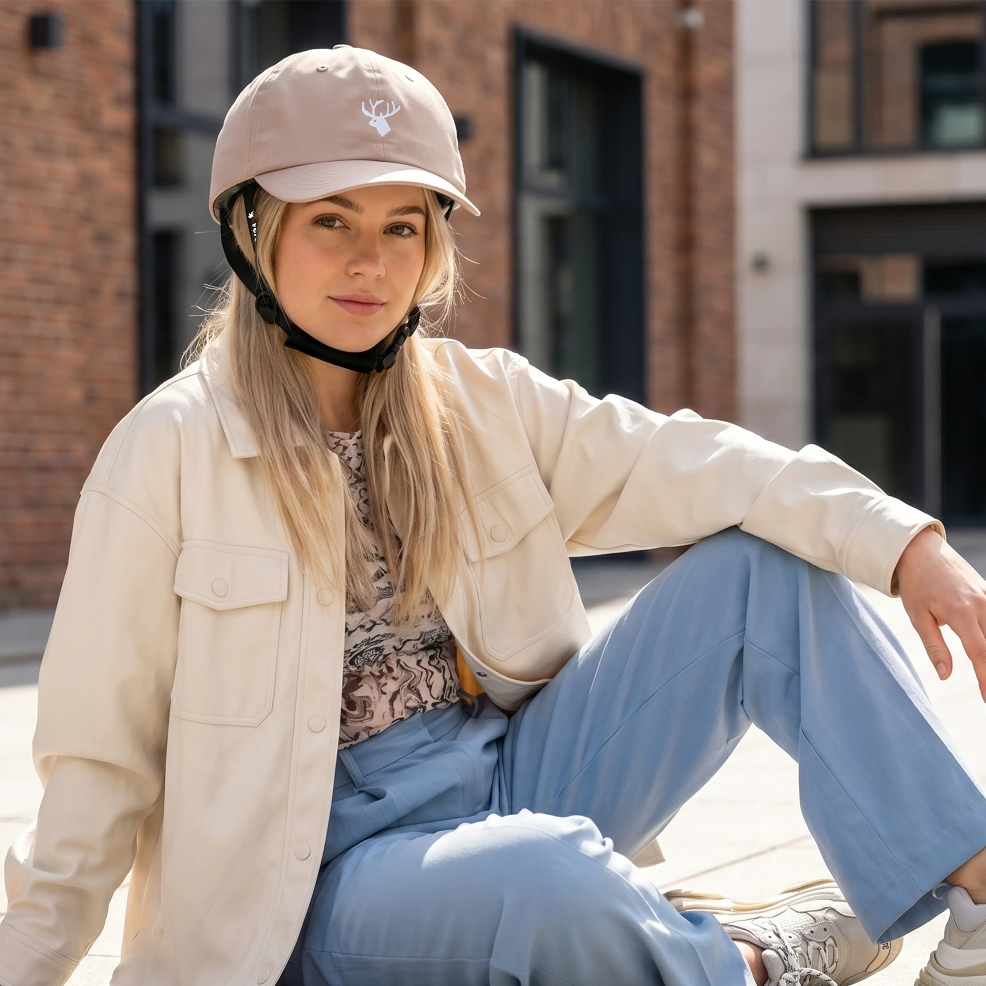 Vrouw met lichte outfit draagt beige fietshelm met pet en hertenlogo in stad