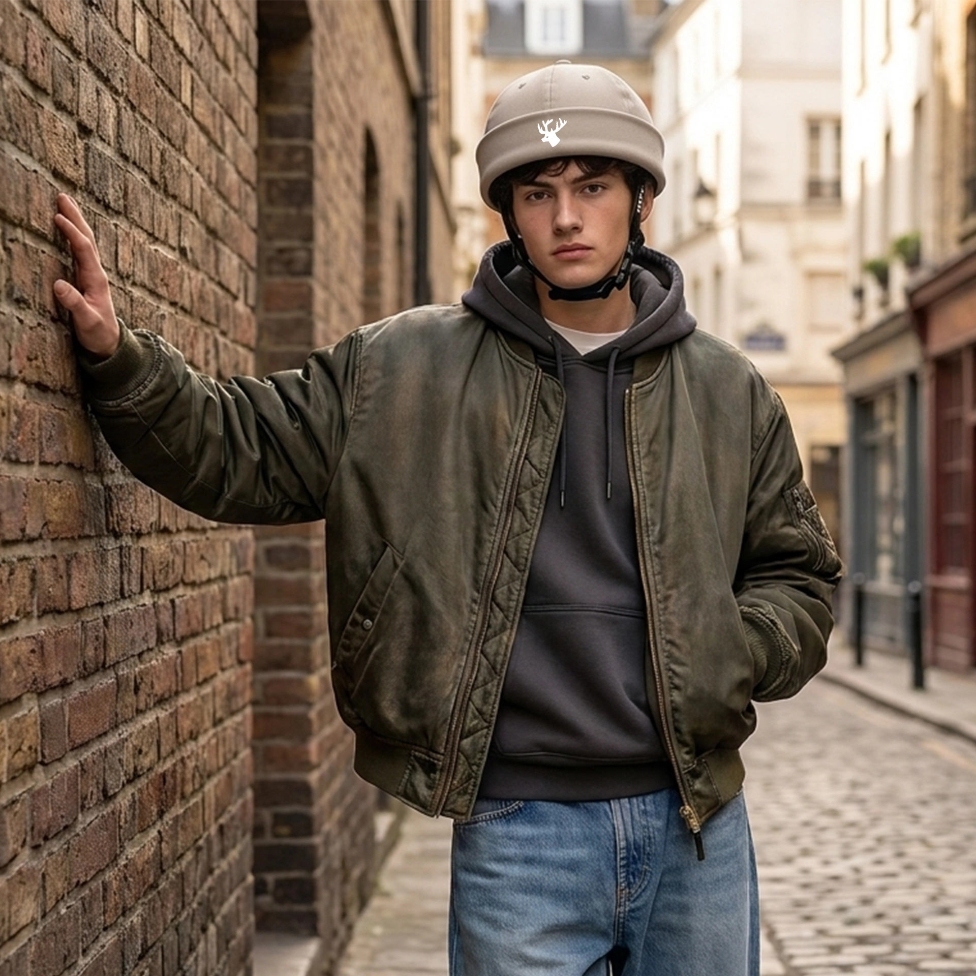 Vero-Urban-Beanie-Beige-Heren Urban e-bike helm met beige beanie cover gedragen door een man in een historisch stadsstraatje.