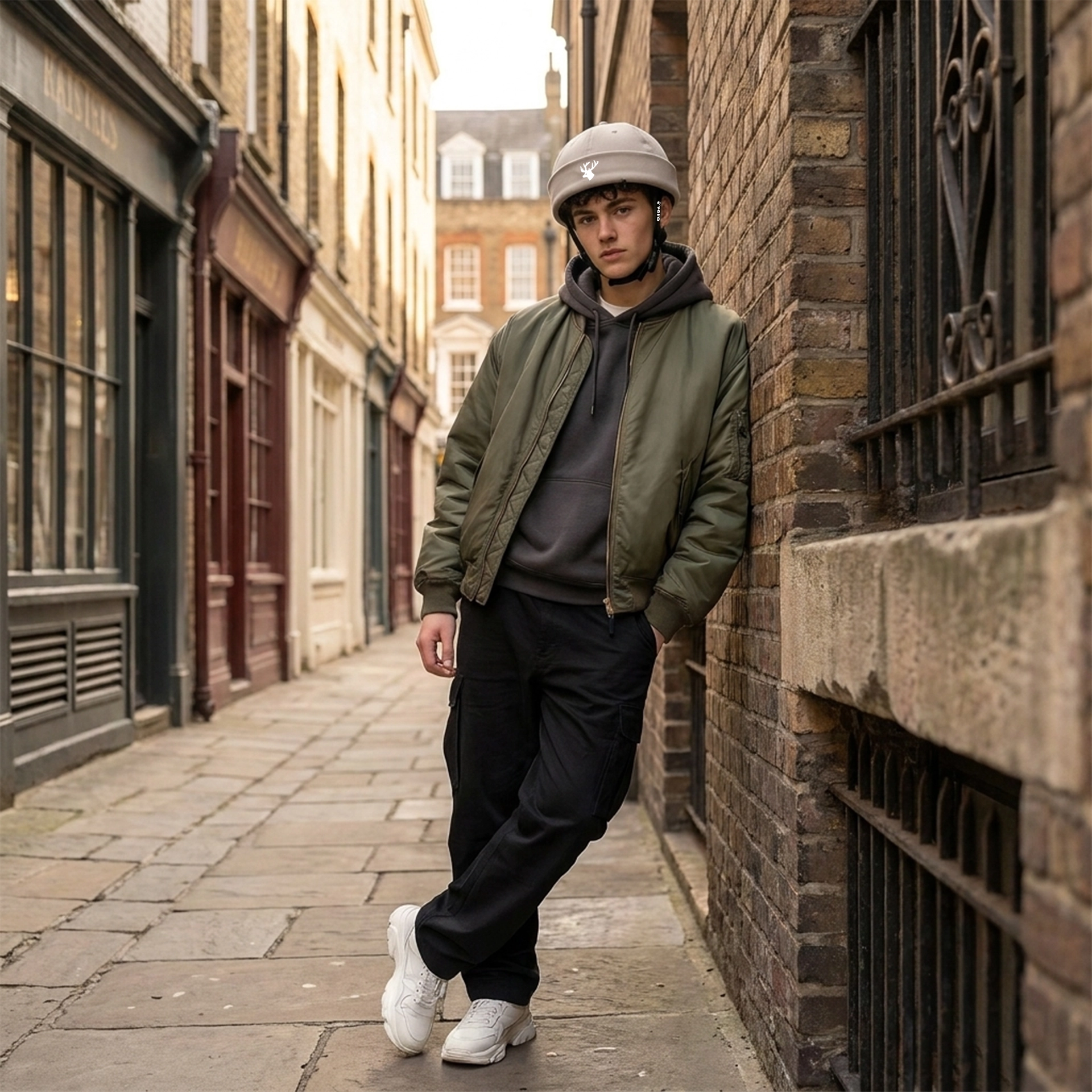 Vero-Lifestyle-Helm-Beige-Beanie-Heren Man leunend tegen een bakstenen muur met een beige beanie fietshelm cover van Vero.