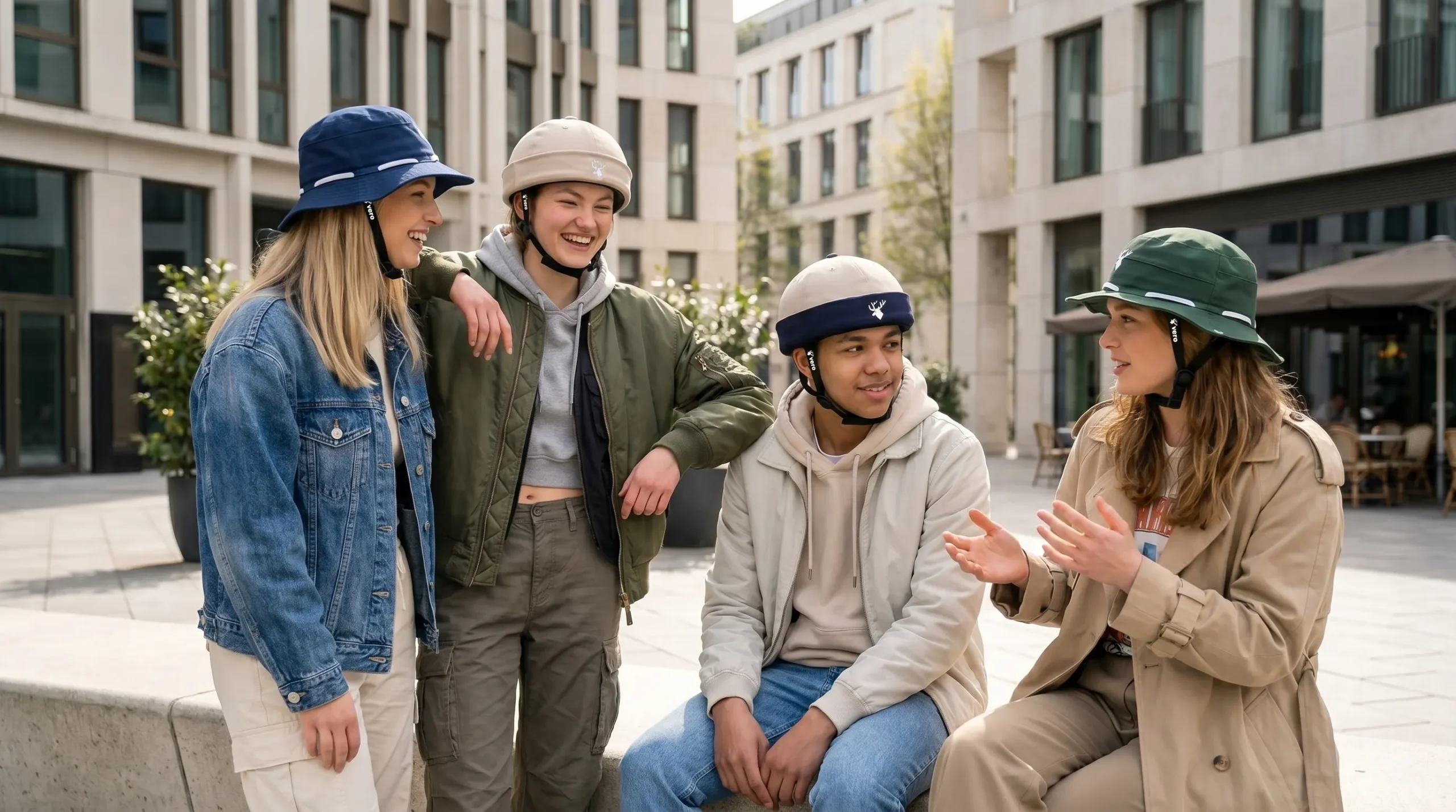 Groep jongeren met diverse Vero helm covers zoals bucket hats en caps.