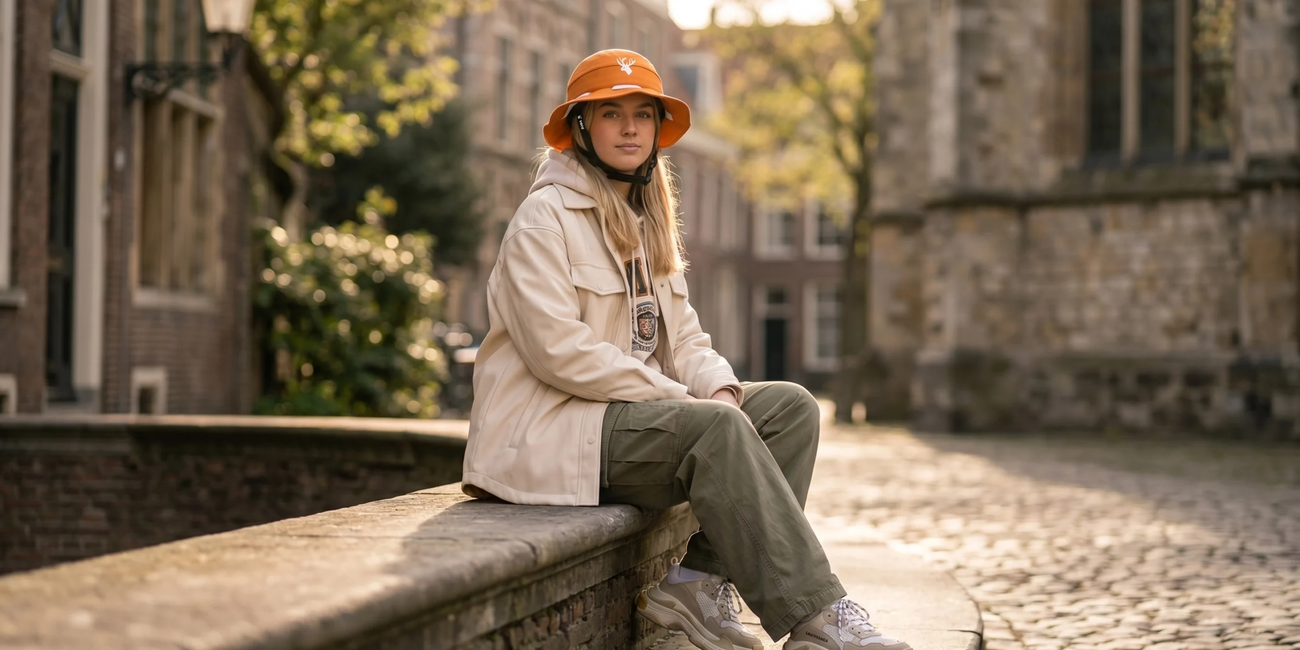 Bucket hat fietshelm in tuin