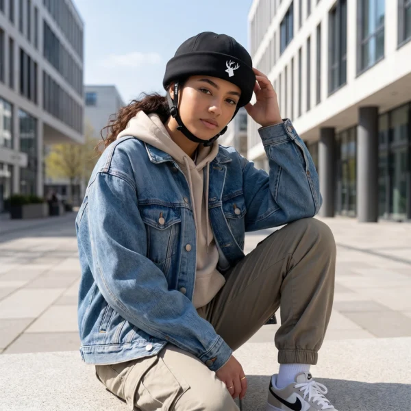 Vrouw in spijkerjack met een zwarte Vero beanie helm cover, een minimalistische en veilige keuze.