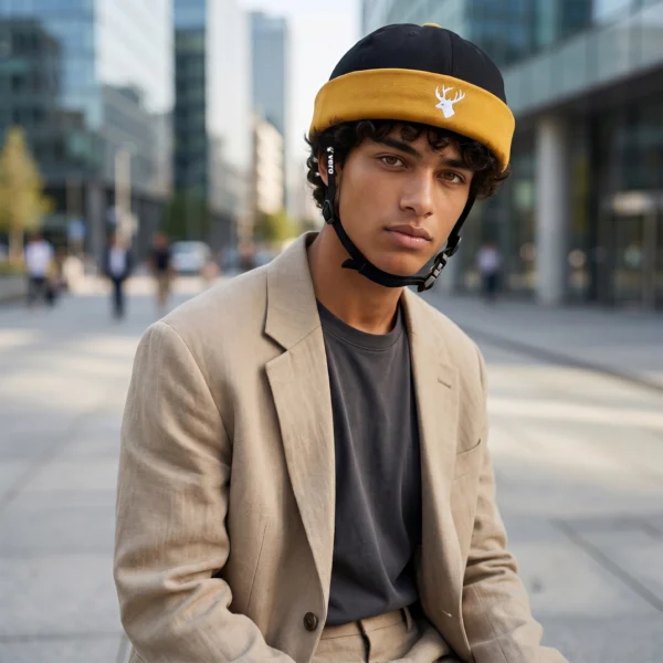 Man in beige colbert met een opvallende geel-zwarte beanie fietshelm cover in een kantooromgeving.