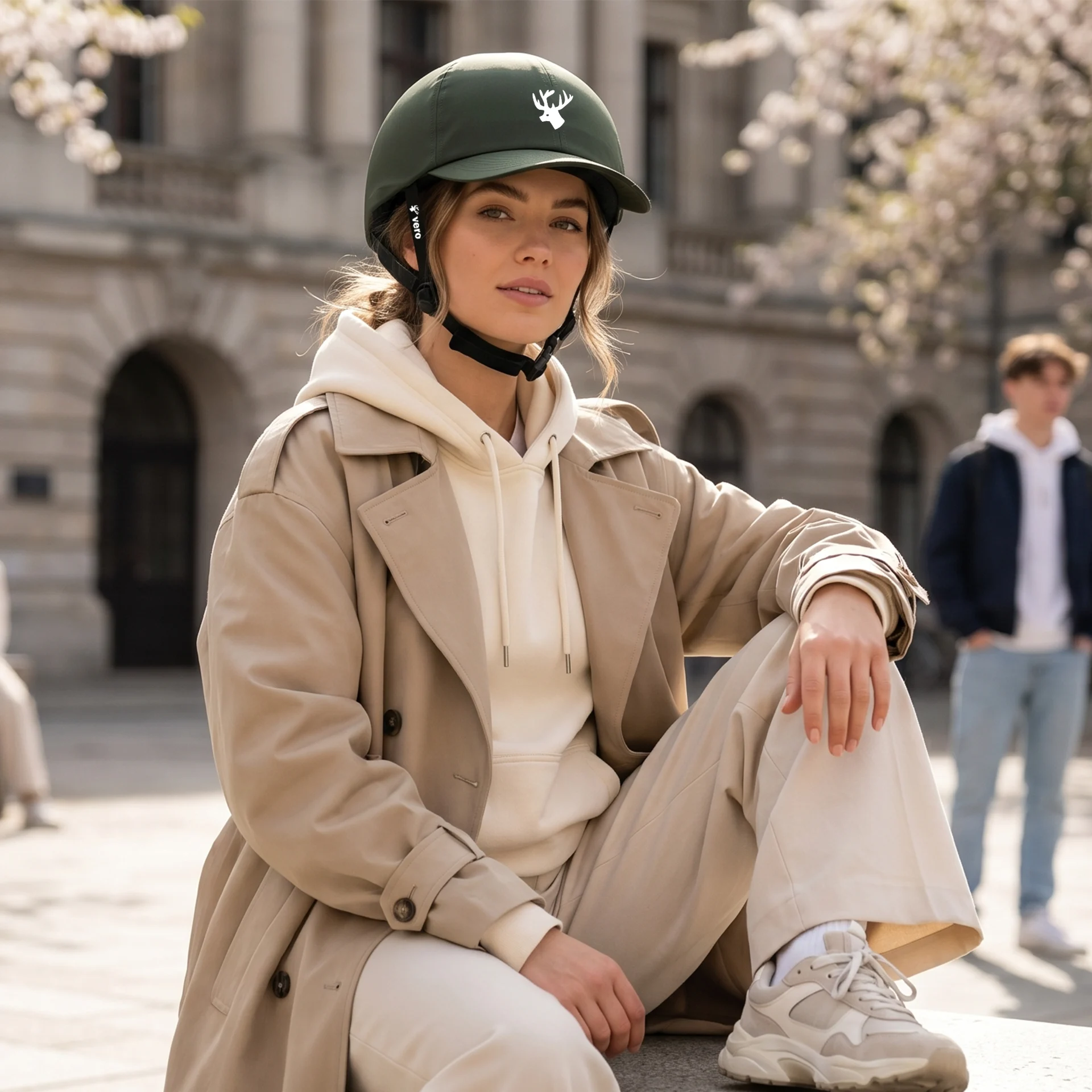Stijlvolle fietshelm met pet-look, groen Vrouw met groene fietshelm met pet en hertenlogo, casual outfit in stad